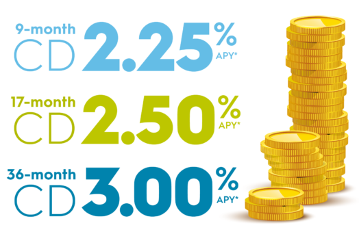 9-Month CD 2.25% APY, 17-Month CD 2.50% APY, 36-Month CD 3.00% APY